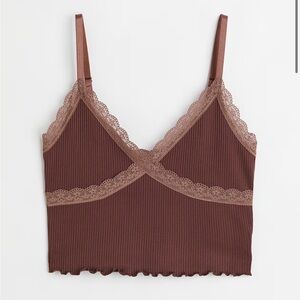 H&M Ribbed Lace Trim Cami Camisole Crop Tank Top Dark Brown